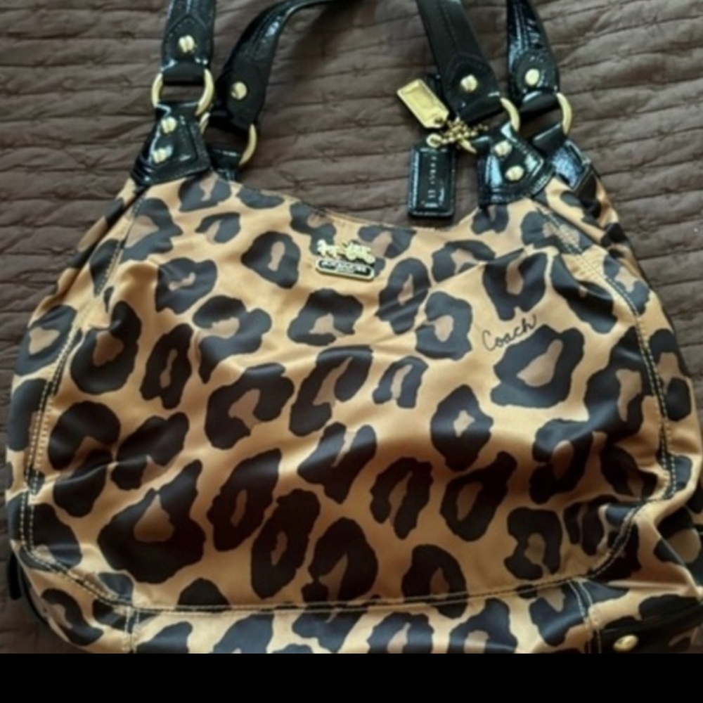 Coach Tan and Black Leopard Print Shoulder Bag